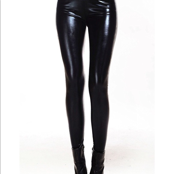 Pants - Black pleather vinyl leggings pants stretch club dance date night party costume